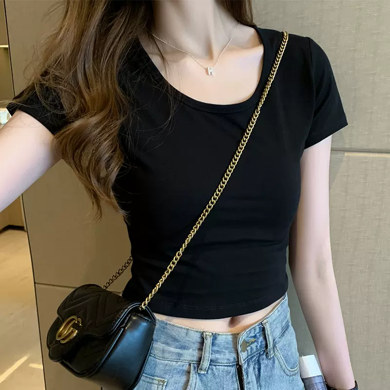 设计感修身短款t恤女夏季新款圆领薄款短袖白色高腰紧身露脐上衣
